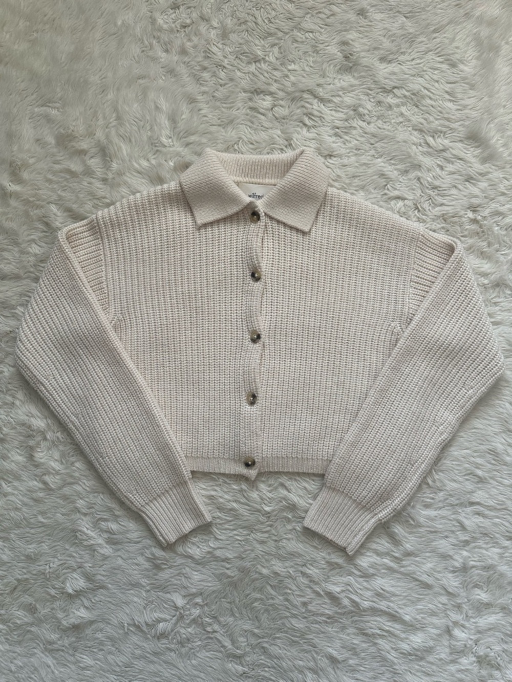 Aritzia Wilfred Nextdoor Sweater Collared 100% Merino Wool Cardigan Cream Sz S - Picture 2 of 12